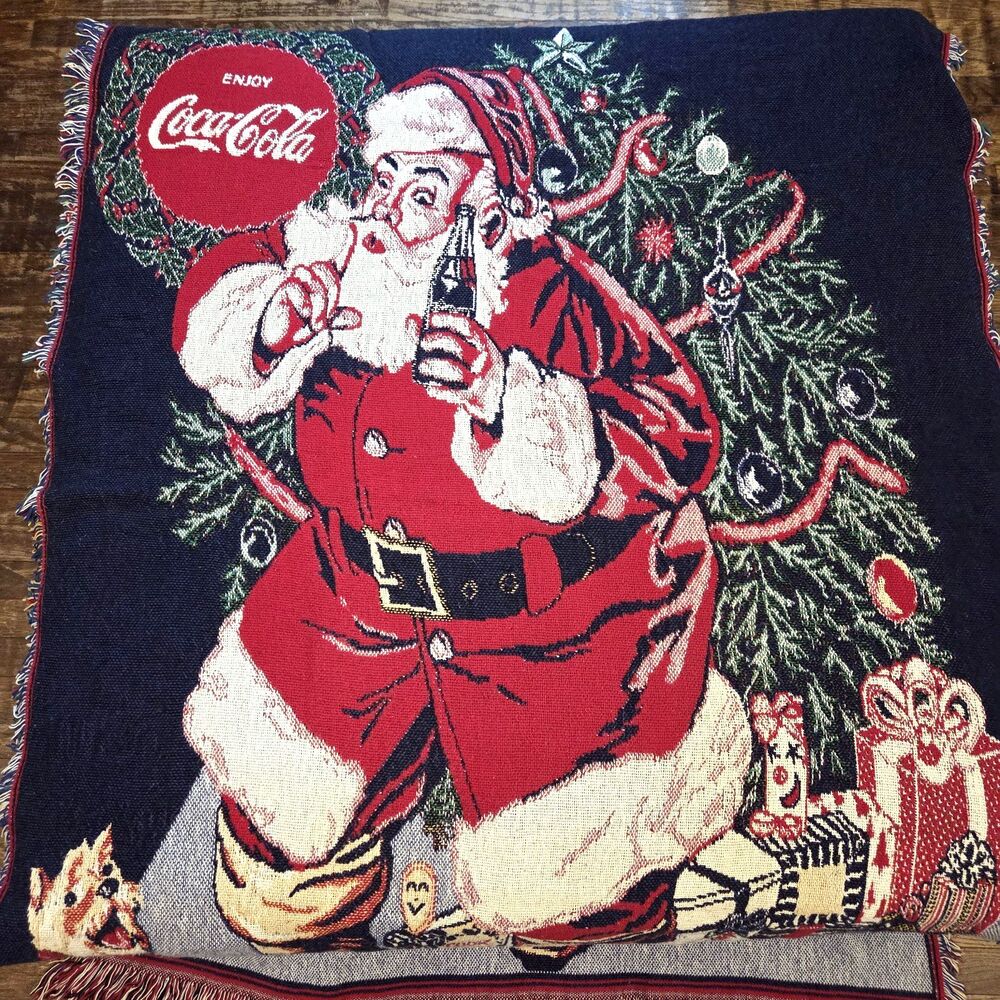 Vtg 1993 Coca-Cola Santa Clause Tapestry Woven Cotton Throw Blanket 24x36 in